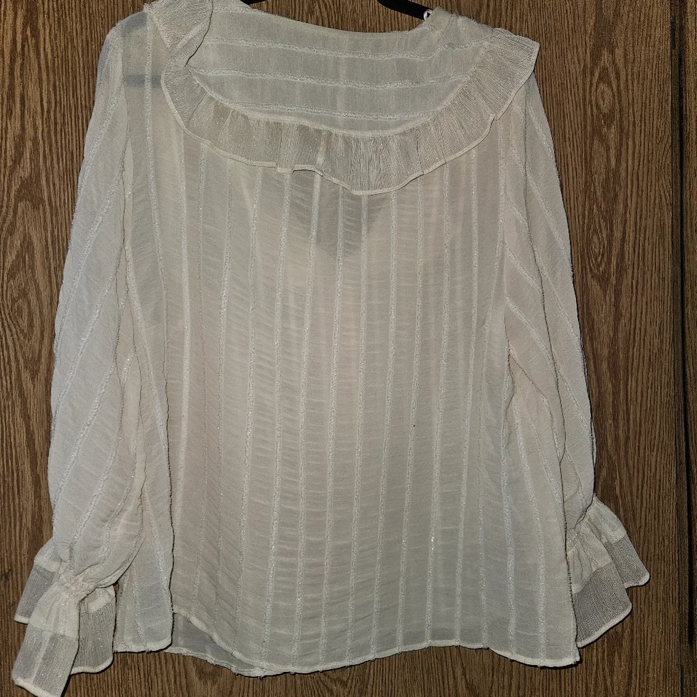 Zara Cream Puff Sleeve Blouse with Ruffled Tie Front and Bib Collar